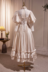 Elegant Champagne Satin A-Line Evening Prom Dresses, Champagne Ruffle High Neck Puffy Short Sleeve Backless Evening Dresses