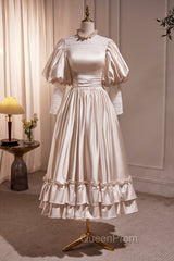 Elegant Champagne Satin A-Line Evening Prom Dresses, Champagne Ruffle High Neck Puffy Short Sleeve Backless Evening Dresses