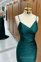 Elegant Dark Green Mermaid Spaghetti Strap Satin Long Evening Prom Dresses