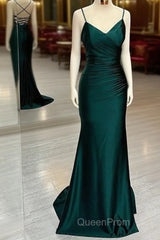 Elegant Dark Green Mermaid Spaghetti Strap Satin Long Evening Prom Dresses