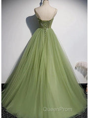 Elegant Green Tulle Spaghetti Straps A-Line Long Evening Prom Dresses Formal Dresses,