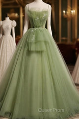 Elegant Green Tulle Spaghetti Straps A-Line Long Evening Prom Dresses Formal Dresses,