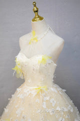 Elegant Halter Neckline Tulle Floor Length Evening Prom Dresses, Yellow A-Line Evening Dresses