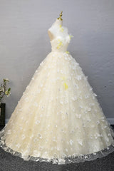 Elegant Halter Neckline Tulle Floor Length Evening Prom Dresses, Yellow A-Line Evening Dresses