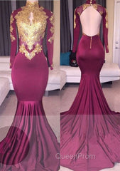 Elegant High-Neck Long-Sleeves Gold-Appliques Backless Evening Prom Dresses