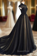 Elegant High Neck Swee Train Rhinestone Evening Prom Dresses, Black Evening Dresses