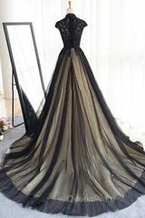 Elegant High Neck Swee Train Rhinestone Evening Prom Dresses, Black Evening Dresses