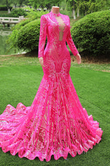 Elegant Hot Pink Mermaid Evening Prom Dresses Sequin Evening Party Dresses Pageant Dresses for Women