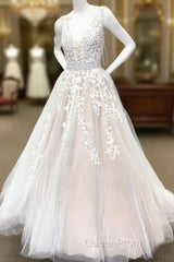 Elegant Ivory Lace Embroidery Champagne Tulle Wedding Dresses V Neck