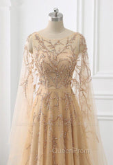 Elegant Jewel Long Sleevess Ruffle Evening Prom Dresses with Beadings On Sale