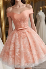 Elegant Lace Appliques Satin Off The Shoulder Homecoming Dresses Short