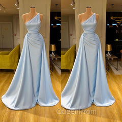 Elegant Light Blue One-shoulder Overskirt Soft-pleated Evening Prom Dresses