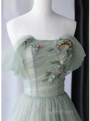 Elegant Light Green A-Line Tulle Off The Shoulder Long Evening Prom Dresses Evening Dresses,