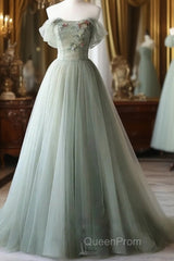Elegant Light Green A-Line Tulle Off The Shoulder Long Evening Prom Dresses Evening Dresses,