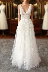 Elegant Long A-line V-neck Appliques Tulle Backless Wedding Dresses