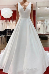 Elegant Long A-line V Neck Satin Ruffles Open Back Wedding Dresses