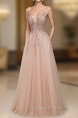 Elegant Long A-line V-neck Sequins Tulle Backless Evening Prom Dresses