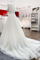 Elegant Long A-line V Neck Tulle Lace Open Back Wedding Dresses