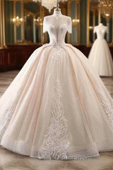 Elegant Long Ball Gown High Neck Tassel Sleeves Tulle Wedding Dresses