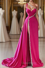 Elegant Long Fuchsia One Shoulder Jewels Sleeveless Evening Prom Dresses Long Slit Online