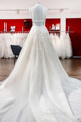Elegant Long Princess V-neck Tulle Backless Wedding Dresses with Lace