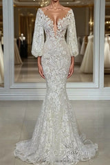 Elegant Long Sleeves Mermaid V-neck Tulle Lace Wedding Dresses