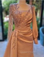 Elegant Long Sleeves Evening Prom Dresses Floral Evening Party Dresses with Side Sweep Train
