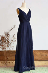 Elegant Navy Blue Chiffon Bridesmaid Dresses With Slit