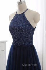 Elegant Navy Blue Halter Beaded Long Evening Dresses, Beautiful Evening Prom Dresses