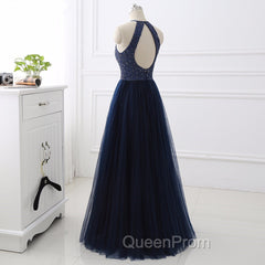 Elegant Navy Blue Halter Beaded Long Evening Dresses, Evening Prom Dresses