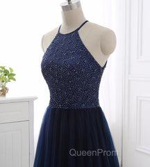 Elegant Navy Blue Halter Beaded Long Evening Dresses, Evening Prom Dresses