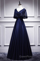 Elegant Navy Blue Short Sleeved Beaded Cape With Satin Lace Navy Blue V-Neck Backless And Ground Length Evening Dresses