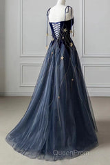 Elegant Navy Blue Spaghetti Strap Long Evening Prom Dresses With Star