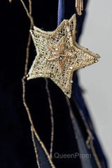 Elegant Navy Blue Spaghetti Strap Long Evening Prom Dresses With Star