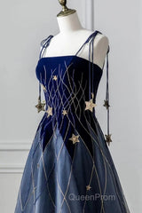 Elegant Navy Blue Spaghetti Strap Long Evening Prom Dresses With Star