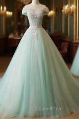 Elegant Off Shoulder Light Green Tulle Sweet 16 Dresses, Long Evening Gown