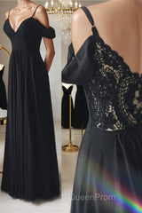 Elegant Off the Shoulder Black Long Evening Prom Dresses with Lace Back, Off Shoulder Black Lace Formal Evening Dresses