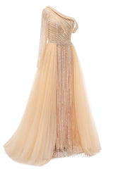 Elegant One Shoulder Beige Evening Prom Dresses Sheer Beading Lace Evening Dresses