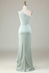 Elegant One Shoulder Matcha Ruched Long Bridesmaid Dresses