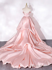 Elegant Pink A Line Strapless Appliques Satin Evening Dress Prom Dress