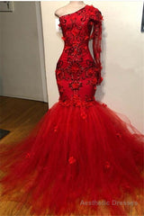 Elegant Red One-Shoulder Long-Sleeves Appliques Mermaid Prom Party Gowns