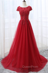 Elegant Red Tulle Long Evening Prom Dresses with Lace Applique, Red Party Gowns