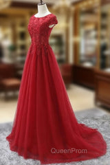 Elegant Red Tulle Long Evening Prom Dresses with Lace Applique, Red Party Gowns