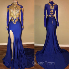 Elegant Royal Blue Evening Prom Party GownsMermaid Long Sleeves With Appliques