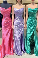 Elegant Satin Mermaid Evening Prom Dresses With Pleated Bodice, Spaghetti Strap & Slit Fd5090