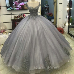 Elegant Silver Tulle Ball Gowns Evening Prom Dresses Lace Appliques