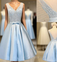 Elegant Sleeveless Deep V Back Appliques Clairvoyant Outfit Satin Skirt Tea Length Homecoming Dresses