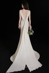 Elegant Sleeveless Mermaid Satin Simple Train Dresses Wedding Dresses With Lace Open Back