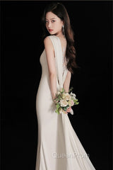 Elegant Sleeveless Mermaid Satin Simple Train Dresses Wedding Dresses With Lace Open Back