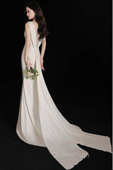 Elegant Sleeveless Mermaid Satin Simple Train Dresses Wedding Dresses With Lace Open Back